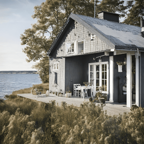 Stylish seaside cottage in Kalmar, Småland, exemplifying the premium care provided by Småland Holiday Home Care, with a serene sea backdrop and inviting outdoor space.