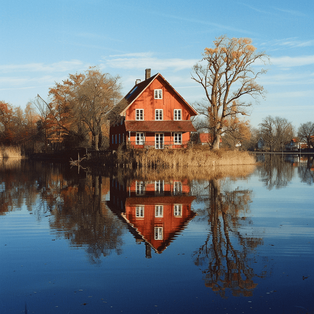 Traditional red Swedish cottage reflecting in the calm lake waters amidst autumn foliage in Småland, perfect for serene holiday home care services.